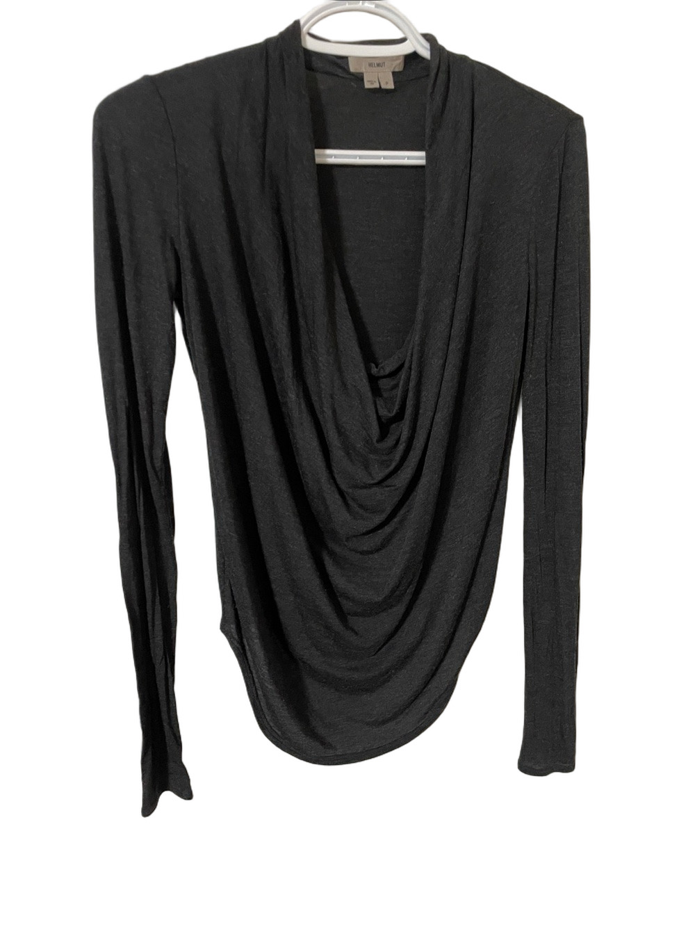 Helmut Lang Black/Charcoal Draped Cowl Long Sleeve Top Size P